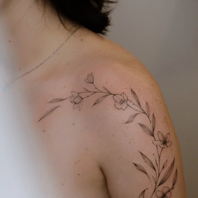 Collarbone tattoos are dainty and charming, accentuating your natural elegance with sweet, fine line art.